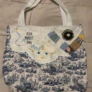 Flea Market Diva Vintage Linen Embroidered Floral Tote Bag Cream and Blue Toile